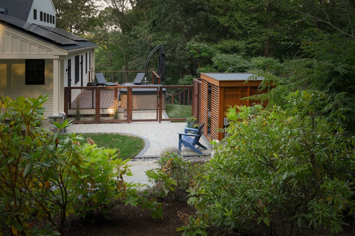 Black and white modern farmhouse renovation in acton, massachusetts with home sauna and hot tub
