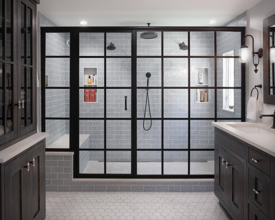 Modern bathroom remodel by Thomas Buckborough in Acton, MA, with a large double shower and hexagonal floor tiles
