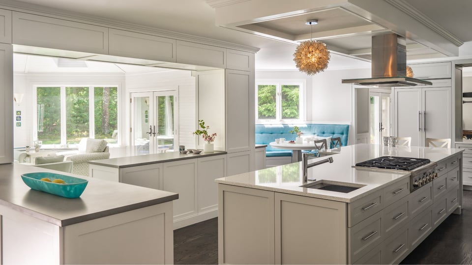 modern kitchen remodel with large white island in Acton, Massachusetts